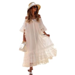Lös enfärgad klänning för kvinnor med mitten av ärmarnas sommartemperament white S