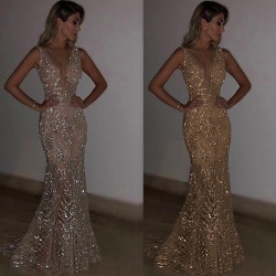 Europeisk och amerikansk ny klänning sexig djup V enfärgad klänning Silver gold 2XL