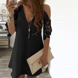 Kvinna sommar enfärgad hängslet ihålig ärm avslappnad klänning black L