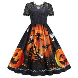 Halloween Woman&#39;s Lace Stitching Big Swing Kortärmad klänning black L