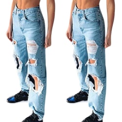 Kvinnor, hög midja, slitna, slitna jeans, lösa jeansbyxor Blue XL