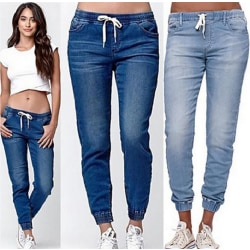 Dammode street fashion jeansbyxor med spets i lykta dark bule M