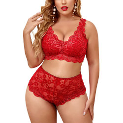 Kvinnor Sexiga Spets BH Trosor Plus Size Nattkläder Underkläder Set Red 3XL