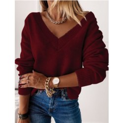 Dam Vinter Warmer Pullover Sweatshirt V-ringad kabelstickad tröja Wine XL 
