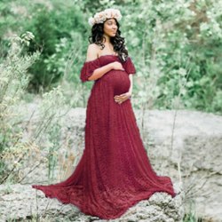 Moderskap off-shoulder ruffled ärm klänning klänning red wine M