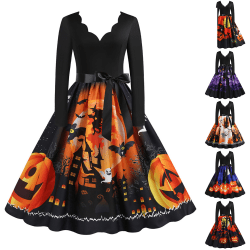 Halloween kvinnas print stor rosett långärmad klänning black orange 3XL