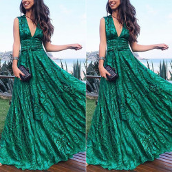 Ny sexig djup V-ärmlös klänning för kvinnor med stor svängkjol green XL
