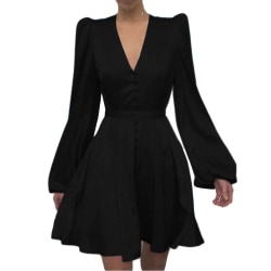 Kvinnor V-ringad temperament Slim Lanternärm Kort klänning Black XL