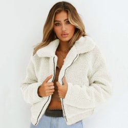 Kvinnors beskuren jacka Notch Revers Faux Fur Fluffy Coat vit XL