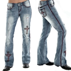 Dammode Retro Broderi Denim Jeans Casual Lös Byxa Light Blue XL