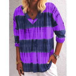 Kvinnor Tie Dye T-shirt Randig långärmad blus V-hals Casual Purple 5XL
