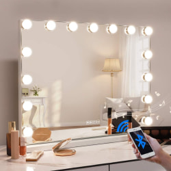 FENCHILIN Hollywood sminkspegel med lampor Bluetooth bordsskiva väggfäste Vit 58 x 46 cm White 58 x 46cm