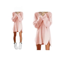 Kvinnor Bomull Blended Side Zipper Sweater Klänning O-ringad Lång Pink L