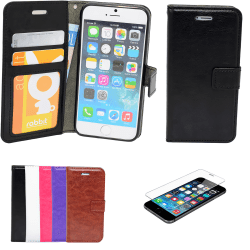 iPhone 5/5s/SE2016 - Plånboksfodral i läder + Skärmskydd Svart