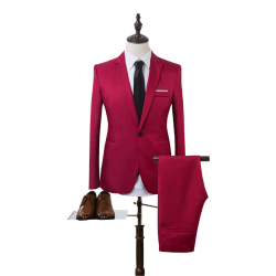 Man Business Slim Blazer Kostym Coat Långbyxor Formell Set Wine Red M