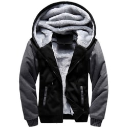 Man Winter Warm Sherpa Fleece Hoodie Coat Jacket Outwear Black & Grey 2XL