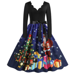 Women Christmas Evening Party Dress Print Retro Big Swing Dress blue L