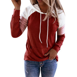 Kvinnors färgblock huva tröja sport stil långärmad vinter red S