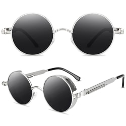 Runda objektivsolglasögon Fashion Circle Ozzy Hippie-glasögon Silver Frame Black Lenses 1 Pack