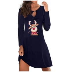 Christmas Round Neck Long-sleeved Cartoon Reindeer Casual Dress navy blue 3XL
