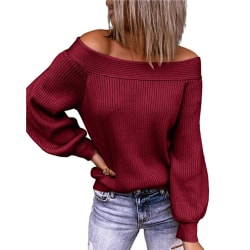 Womens Off Shoulder Knit Sweater Long Sleeve Jumper Pullover Top wine red 2XL