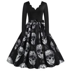 Women Halloween Skeleton Floral Print Long Sleeve Swing Dress Black M