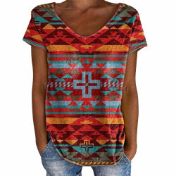 Kvinnor Casual V-ringad printed kortärmad lös T-shirt #1 3XL