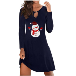 Christmas Round Neck Long-sleeved Snowman Casual Loose Dress navy blue M