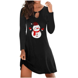 Christmas Round Neck Long-sleeved Snowman Casual Loose Dress black 5XL