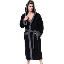 Men Hooded Bathrobe Towelling Dressing Gown Fleece Comfy Robe Black XL