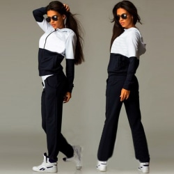 Kvinnor Splicing Color Hoodies Suits Dam Patchwork Fickor Set Black White XL