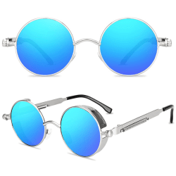 Runda objektivsolglasögon Fashion Circle Ozzy Hippie-glasögon Silver Frame Blue Lenses 1 Pack