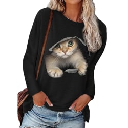 Kvinnor Rundhalsad tröja Cat Casual långärmad topp T-shirt black 3XL