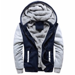 Man Winter Warm Sherpa Fleece Hoodie Coat Jacket Outwear Dark Blue 2XL