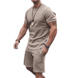 Mens Crew Neck Short Sleeve Tops Set Fitness T-Shirt Tracksuit Khaki 3XL