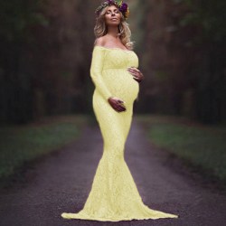 Women Lace Maxi Dress Conceive Photography Party Gown Klänning Yellow XL