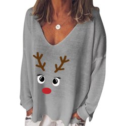 Kvinnors Xmas Ren T-shirt V-ringad långärmad jul Grey 2XL
