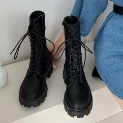 Nya Mid Calf Boots. Kvinnor Höst Vinter Snörning Dragkedja Botas BLACK 39
