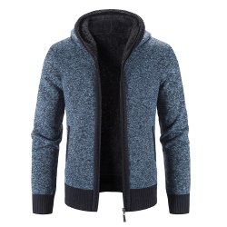 Casual Slim Full Zip Tjock Stickad Huv Cardigan Sweaters för män blå XXL