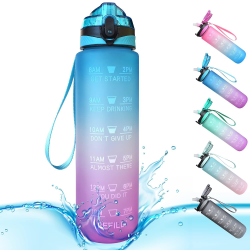 Sportvattenflaska 1 L Tidsmarkeringar och med sugrör Flaskor Blue Gradient Purple