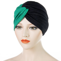 Tvåfärgad Patchwork Front Cross Over Hood Muslim Headscarf Green+Black