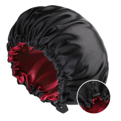 Cap för kvinnor Dubbellagers satin Nattmössa Skönhet och frisör Justerbara knappar Cap Black+Red Adjustable