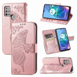 Motorola G30 Pung Etui PU Læder 4-LOMMES Butterfly Motiv Pink gold