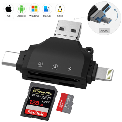 4-i-1 SD-kortläsare för iPhone och Android - Kamerakortvisare, Micro SD/TF-kortadapter för att se spelkamerafoto Black