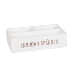 Förvaringslåda i trä med text "Snoddar-spännen" White