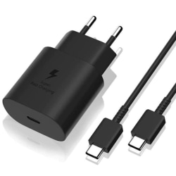 25W USB-C snabbladdare + 1M USB-C till USB-C-kabel Svart för Samsung Galaxy S10 S10+ S10e S9 S9+