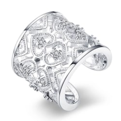Bred Silver Ring - Hjärtan & CZ Kristaller - Justerbar Silver one size