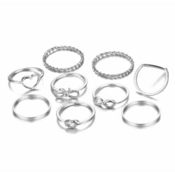 9-pack Silver Ringar -Släta Blanka, Tvinnade, Hjärta & Infinity Silver