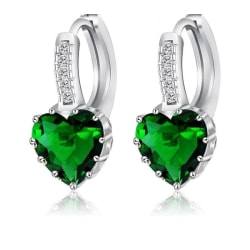 Silver Hoop Örhängen - Hjärtan & Glittrande Grön CZ Kristall Grön