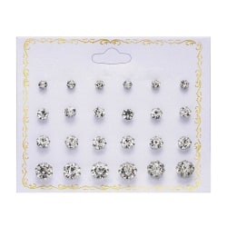 12 par Stud Örhängen med Vita CZ Kristaller i 4 olika Storlekar Silver